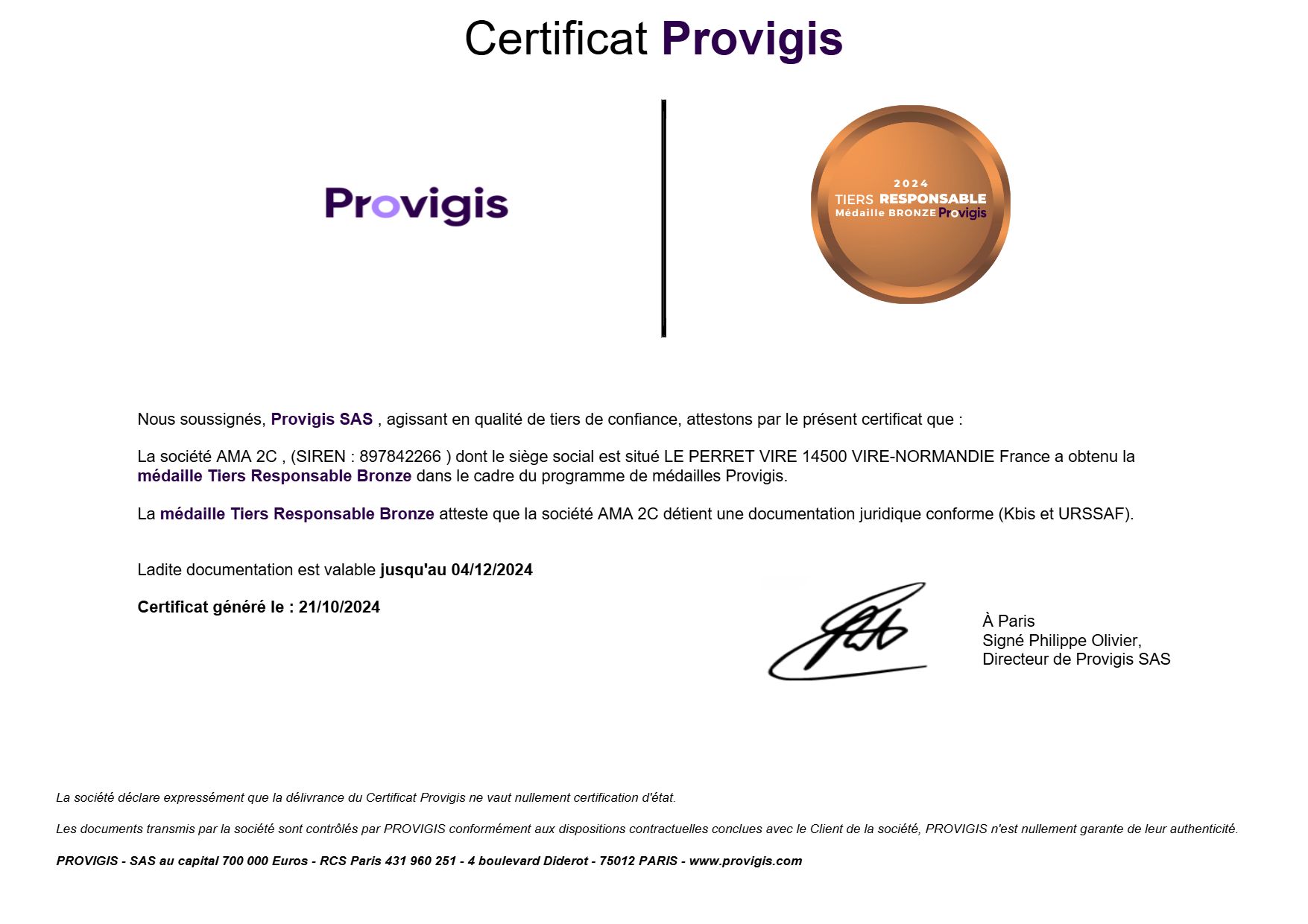 CERTIFICAT PROVIGIS